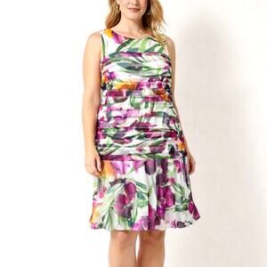 London Times Floral Mesh Overlay Tiered Ruffle Hem Midi Dress Fuchsia Pink 18W